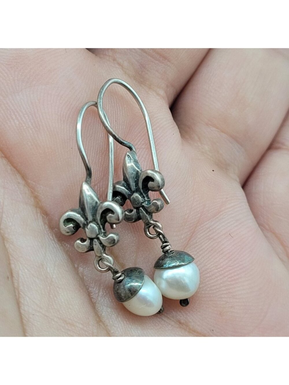 925 Sterling Silver Fleur De Lis Freshwater Pearl Drop Dangle Earrings 2.78g